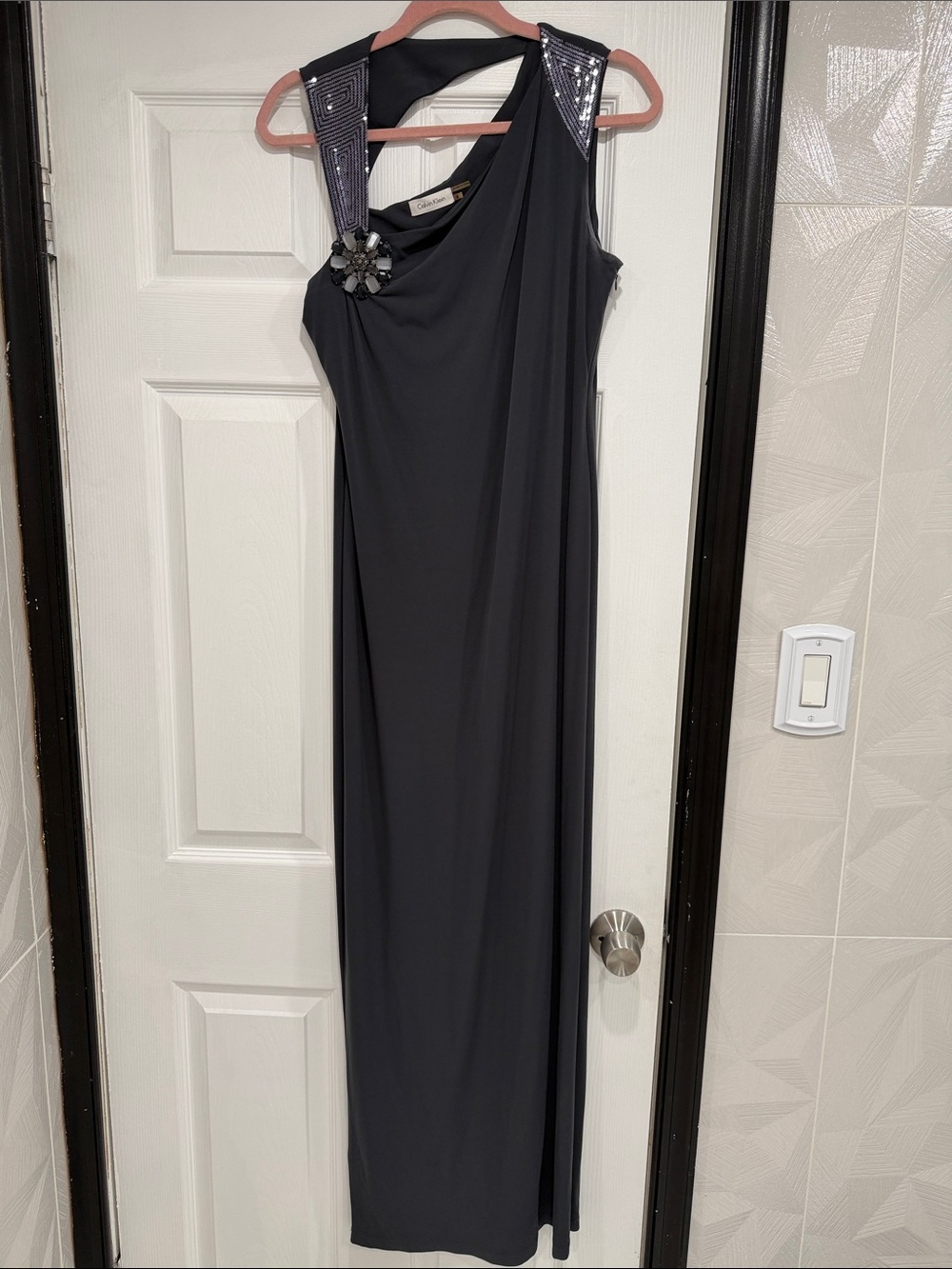 Calvin Klein grey One-Shoulder Evening Gown with Sequin Strap